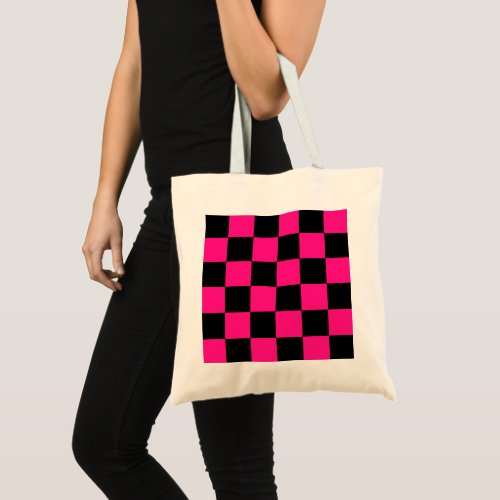 Checkered squares hot pink black geometric retro tote bag