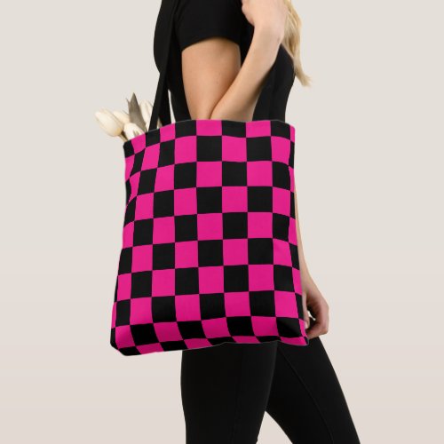 Checkered squares hot pink black geometric retro tote bag
