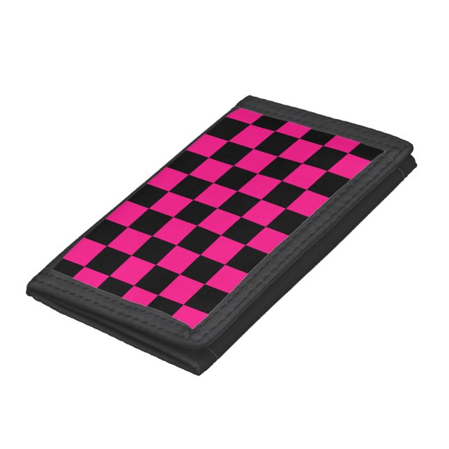 Checkered squares hot pink black geometric retro trifold wallet (Bottom)