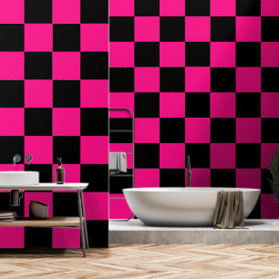 Checkered squares hot pink black geometric retro wallpaper