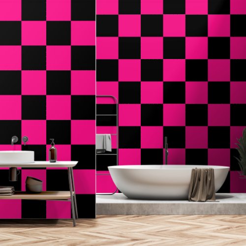 Checkered squares hot pink black geometric retro wallpaper 