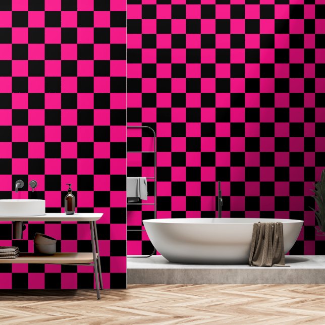 Checkered squares hot pink black geometric retro wallpaper  (Bathroom)