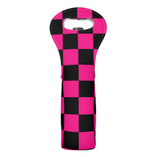 Checkered squares hot pink black geometric retro wine bag