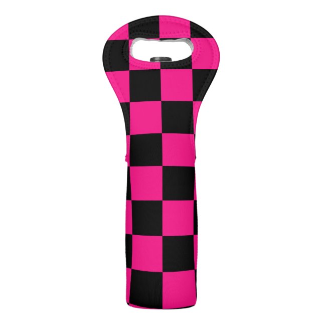 Checkered squares hot pink black geometric retro wine bag (Front)