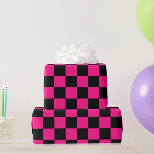 Checkered squares hot pink black geometric retro wrapping paper
