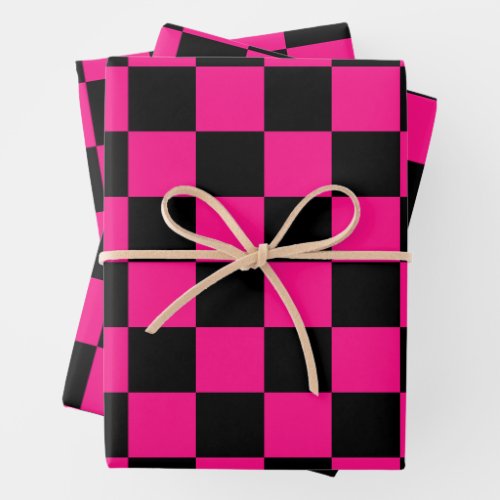 Checkered squares hot pink black geometric retro wrapping paper sheets