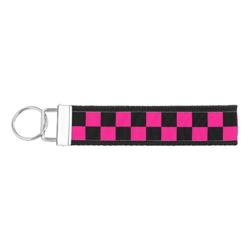 Checkered squares hot pink black geometric retro wrist keychain