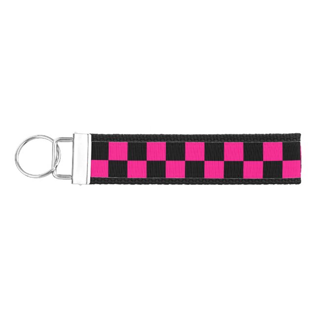 Checkered squares hot pink black geometric retro wrist keychain (Keys on Left)