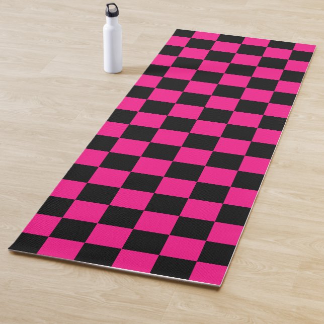 Checkered squares hot pink black geometric retro yoga mat (In Situ)