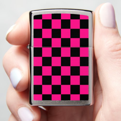 Checkered squares hot pink black geometric retro zippo lighter