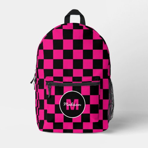 Checkered squares hot pink black geometry Monogram Printed Backpack