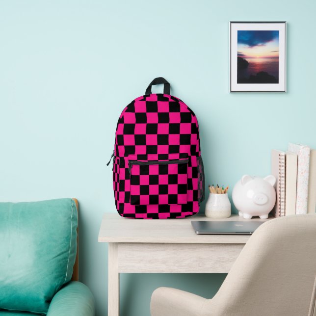 Checkered squares hot pink black geometry pattern printed backpack (Insitu)