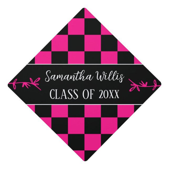 Checkered squares hot pink black retro Custom name Graduation Cap Topper (Front)