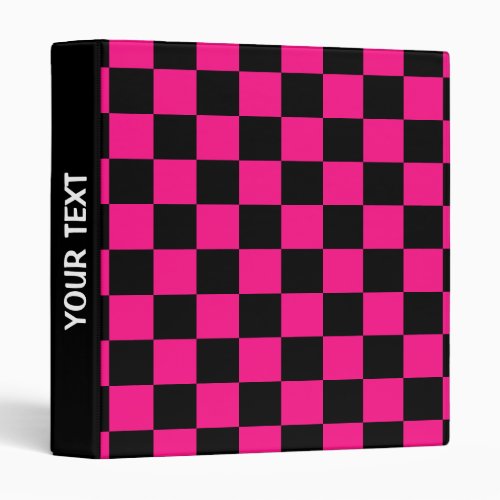 Checkered squares hot pink black retro Custom text 3 Ring Binder