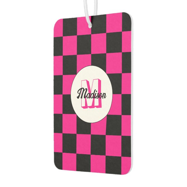 Checkered squares hot pink black retro Monogram Air Freshener (Left)