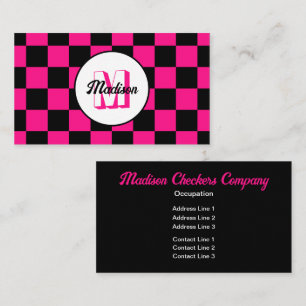 Checkered squares hot pink black retro Monogram Business Card