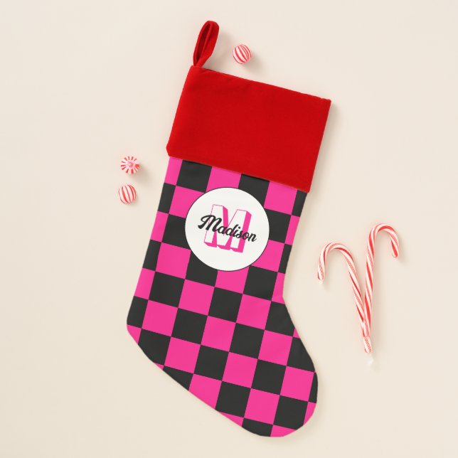 Checkered squares hot pink black retro Monogram Christmas Stocking (Front)