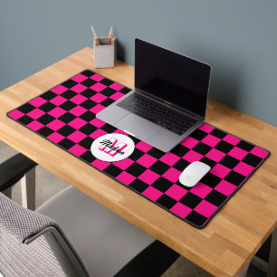 Checkered squares hot pink black retro Monogram  Desk Mat