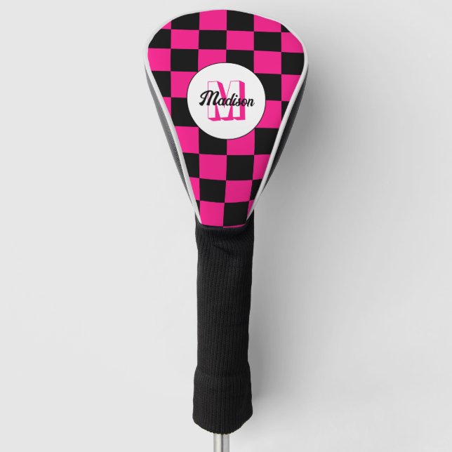 Checkered squares hot pink black retro Monogram Golf Head Cover (Front)
