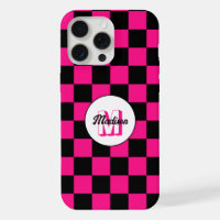 Checkered squares hot pink black retro Monogram