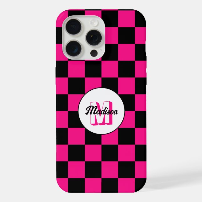 Checkered squares hot pink black retro Monogram iPhone Case (Back)