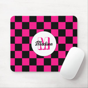 Checkered squares hot pink black retro Monogram Mouse Pad