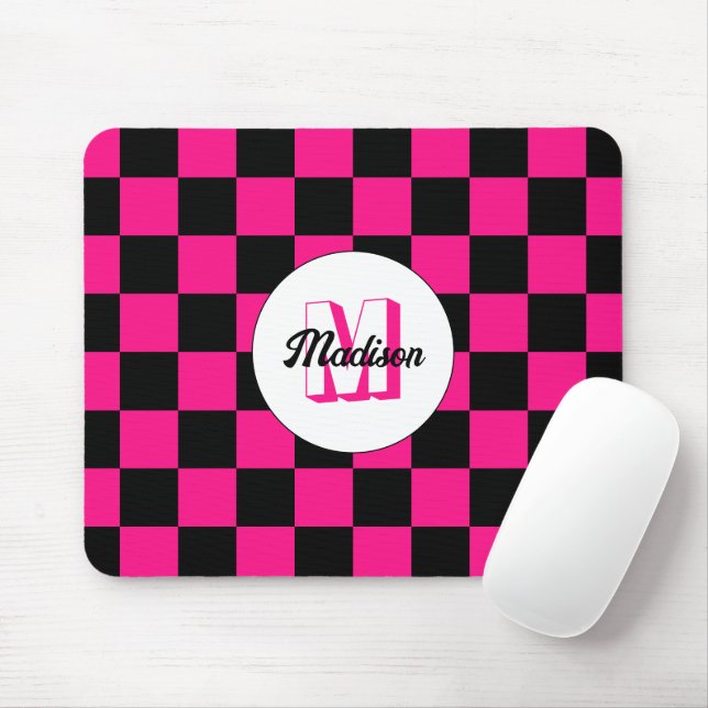 Checkered squares hot pink black retro Monogram Mouse Pad (With Mouse)