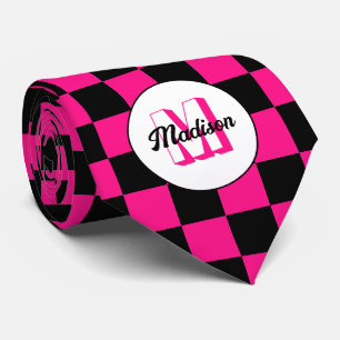 Checkered squares hot pink black retro Monogram Neck Tie