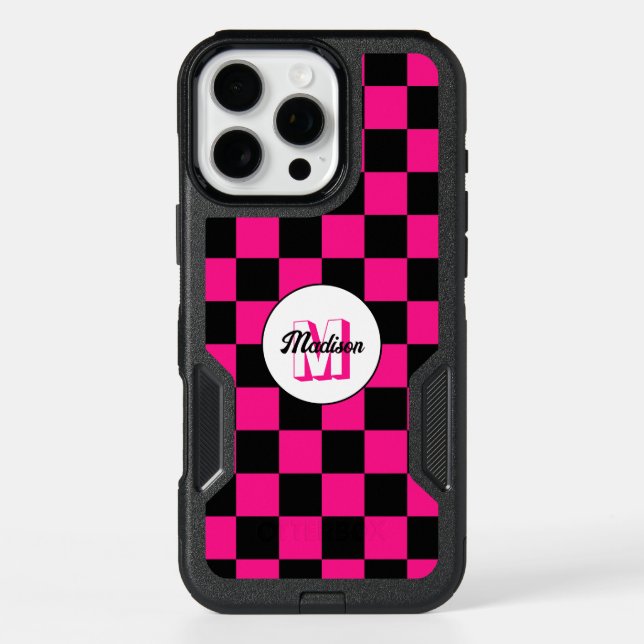 Checkered squares hot pink black retro Monogram Otterbox iPhone Case (Back)