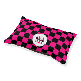 Checkered squares hot pink black retro Monogram Pet Bed