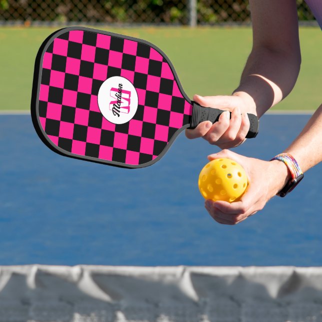 Checkered squares hot pink black retro Monogram Pickleball Paddle (Insitu)