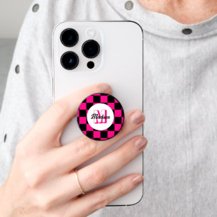 Checkered squares hot pink black retro Monogram PopSocket