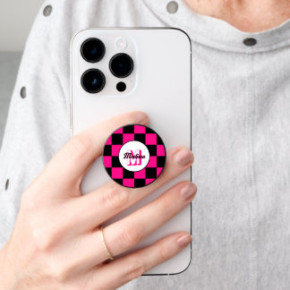Checkered squares hot pink black retro Monogram PopSocket