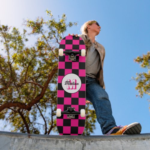 Checkered squares hot pink black retro Monogram Skateboard