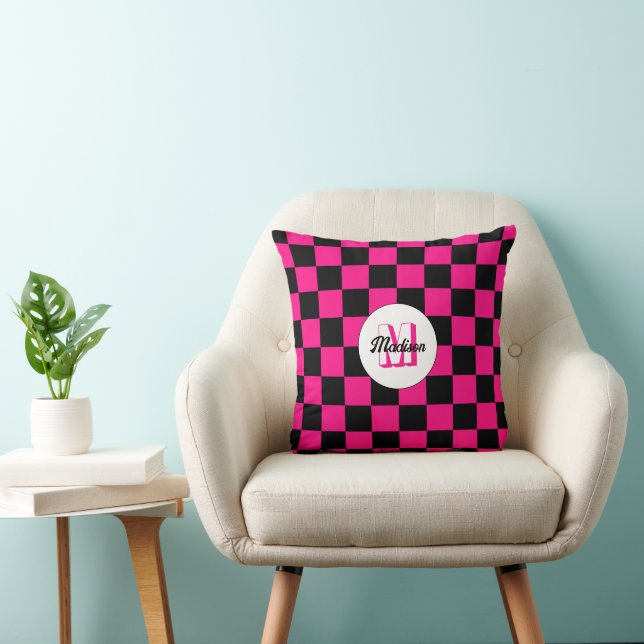 Checkered squares hot pink black retro Monogram Throw Pillow (Chair)