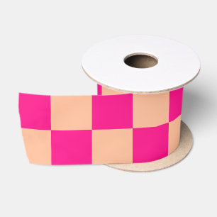 Checkered squares hot pink peach geometric retro satin ribbon
