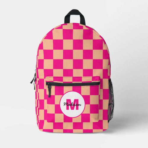 Checkered squares hot pink peach geometry Monogram Printed Backpack