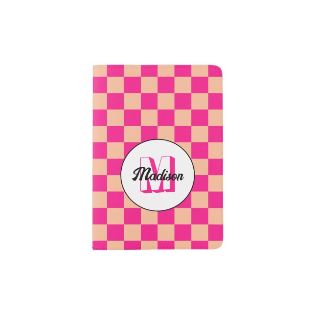 Checkered squares Hot pink Peach retro Monogram Passport Holder (Front)