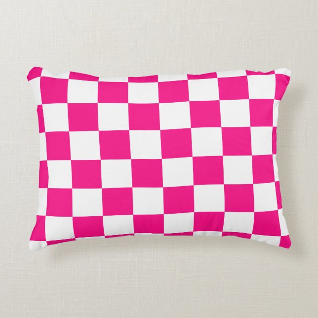 Checkered squares hot pink white geometric retro accent pillow (Front)