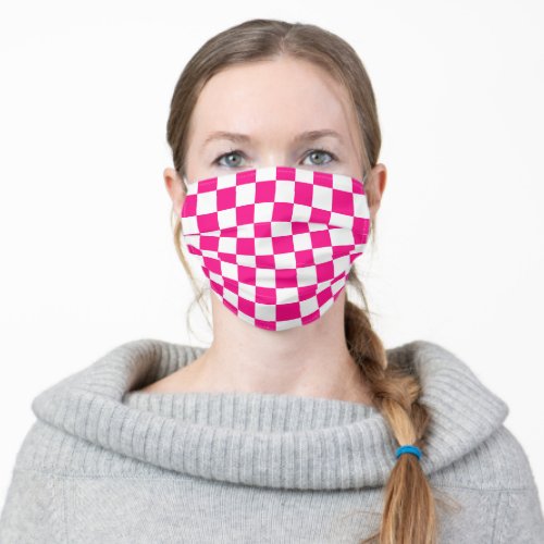 Checkered squares hot pink white geometric retro adult cloth face mask