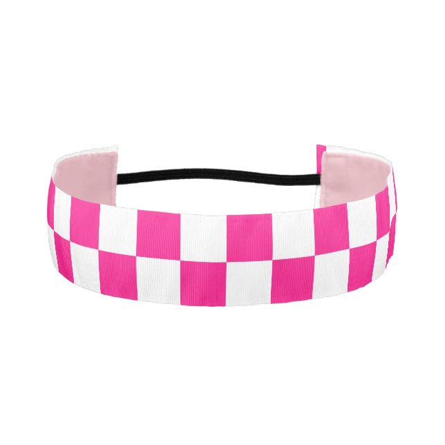 Checkered squares hot pink white geometric retro athletic headband (Front)