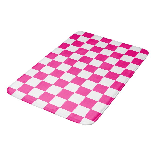 Checkered squares hot pink white geometric retro bath mat (Angled)