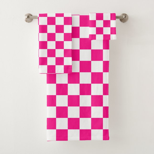 Checkered squares hot pink white geometric retro bath towel set (Insitu)