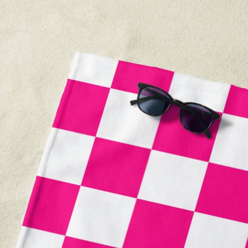 Checkered squares hot pink white geometric retro beach towel