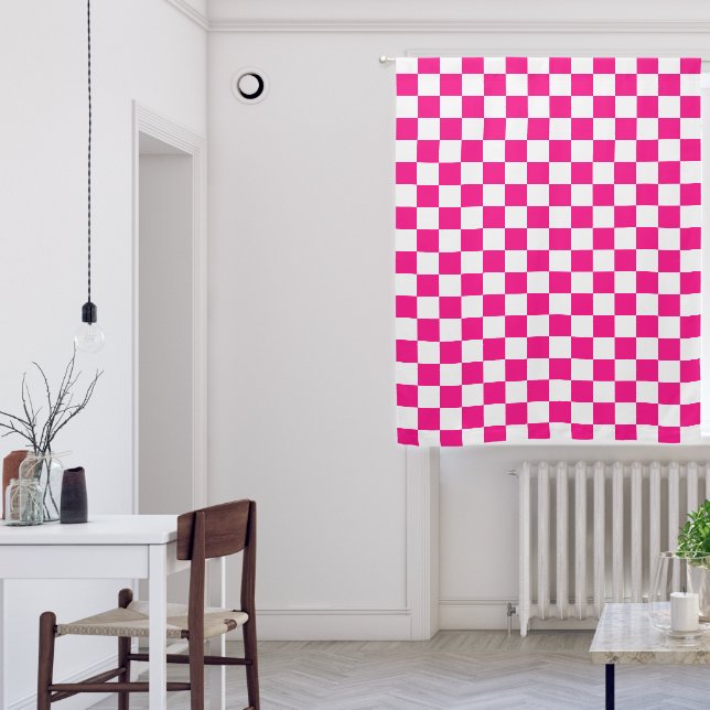 Checkered squares hot pink white geometric retro blackout curtains (Living Room)