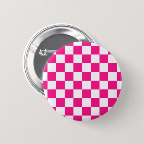 Checkered squares hot pink white geometric retro button