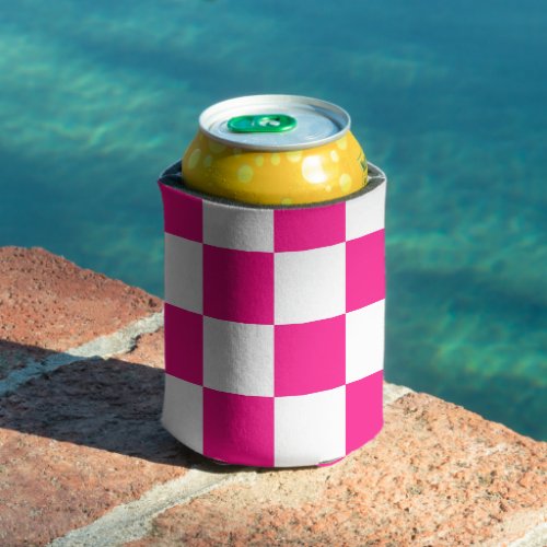Checkered squares hot pink white geometric retro can cooler