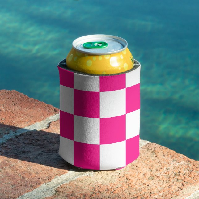 Checkered squares hot pink white geometric retro can cooler (In Situ Pool)