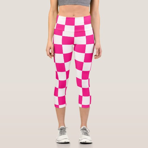 Checkered squares hot pink white geometric retro capri leggings
