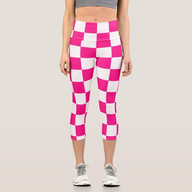 Checkered squares hot pink white geometric retro capri leggings (Front)